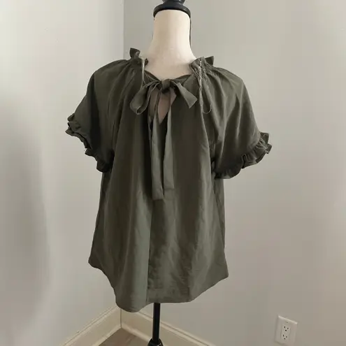 Como vintage Olive Green Ruffle Trim Top Bow Tie Neck Blouse Medium