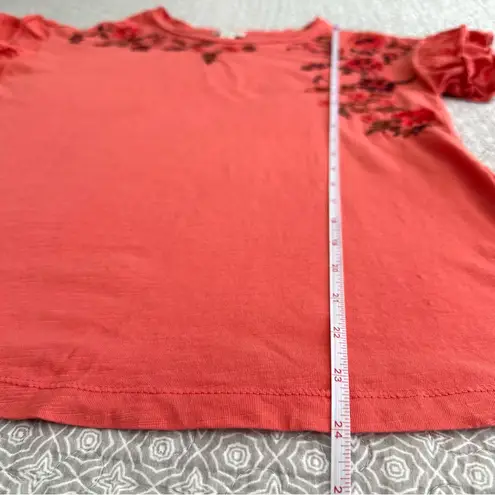 Sundance Coral Floral Embroidered Tee Flutter Ruffle Short Sleeves Boho Size S Orange