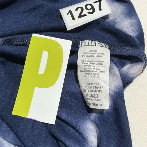 Cherish Womans Medium Blue White Tye Dyed Long Sleeve Cold Shoulder Blouse Flowy