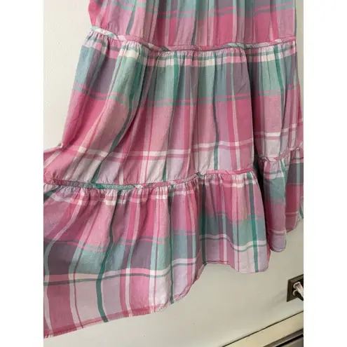 Phases Vintage Pink Green Plaid Tiered Midi Dress Sz Large Boho Preppy Romantic