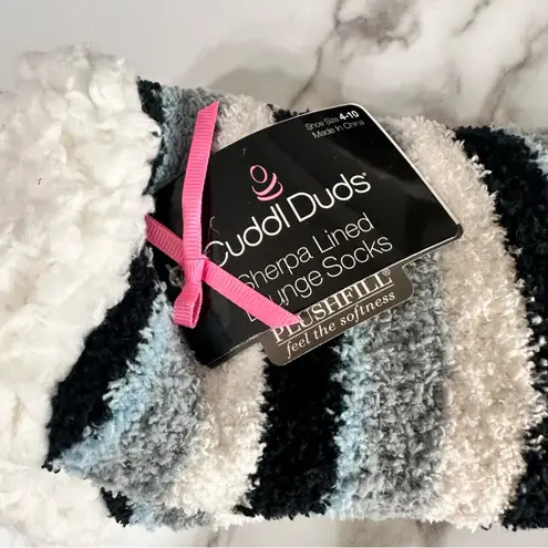 Cuddl Duds NWT Sherpa Lined Lounge Socks Blue Black Stripe Stocking Stuffer XMAS