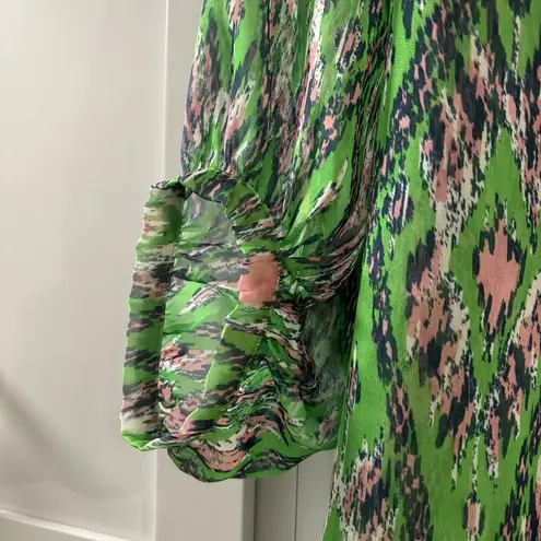 YA Los Angeles Ya Los Angeles Silk Blend Sheer Button Up Blouse with Tie at Neck Green Print