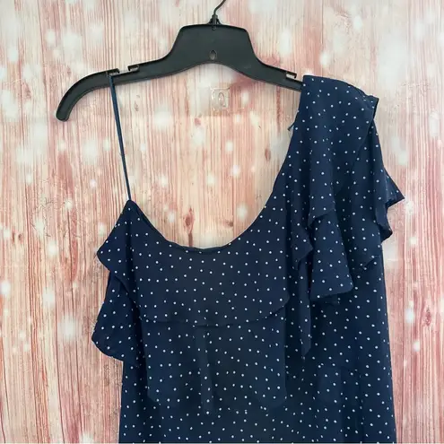 WAYF  Navy Polka Dot Laci One Shoulder Ruffle Tiered Dress