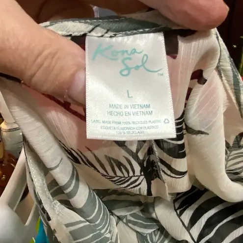 Kona Sol Gray & Black Palm Leaves Midi Kimono Swimsuit Cover Large