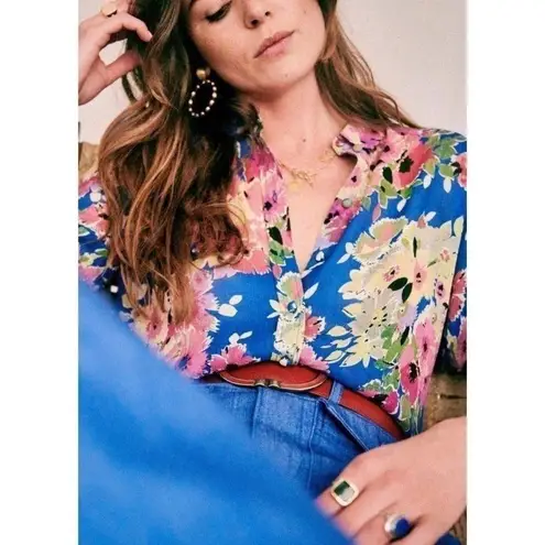Sézane Sezane Top Ann Floral Silk Button-Down Long-Sleeve Summer Glow Jacquard 38 EUC