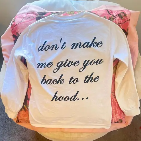 drake child’s play “don’t make me give you back to the hood” white letter print long sleeve t shirt