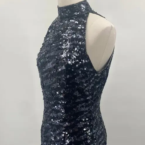 Vintage 90s Lillie Rubin Silk Sequined Mini Dress High Neck Sleeveless Womens 8 Black