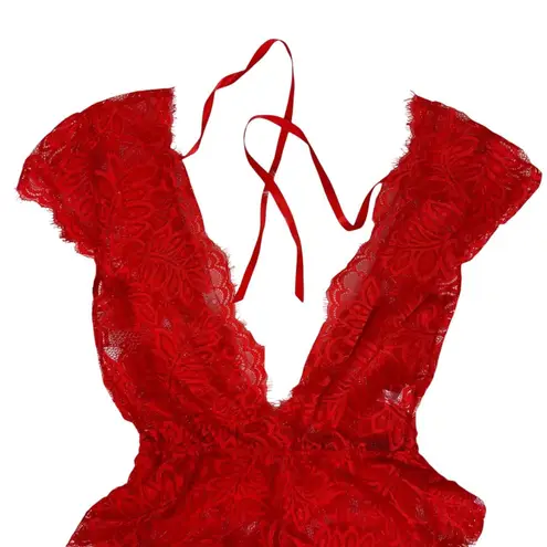 Anyou Teddy Lingerie Womens XS Red Sexy Lace One Piece Romper Plunging V