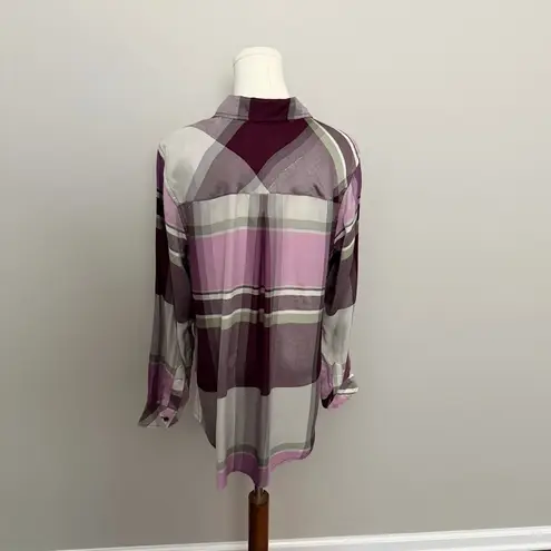 Christopher & Banks Shirt Button-Up Pockets Lightweight Plaid Sparkle Wine Grey