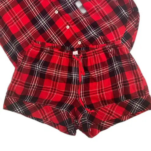 Victoria's Secret  2 piece red plaid tartan short sleeve shirt shorts pajamas XS
