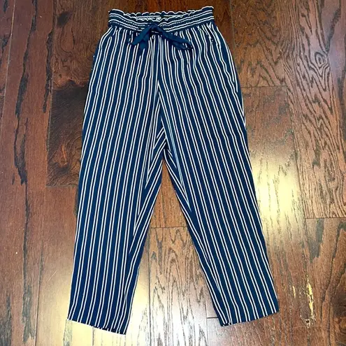 ZARA  Women’s Navy Blue & White Striped Paper Bag Tie Waist Stretchy Pants