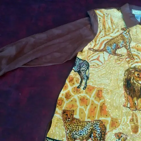 Diane Gilman 100% Silk Blouse Womens Size L Safari Long Sleeve Sequins Brown