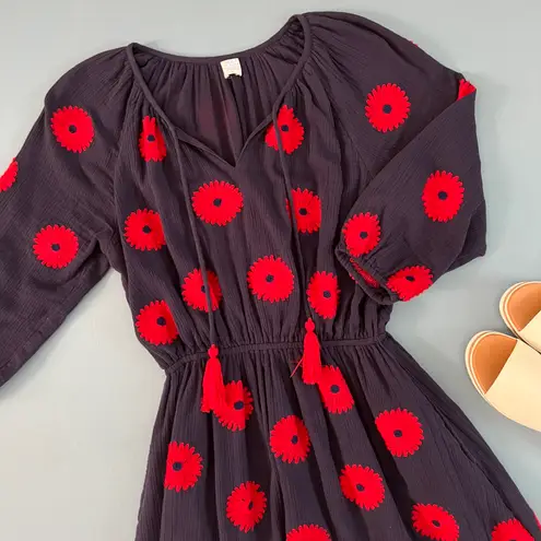 Met St. Barth Mer St. Barth Solange Navy Blue Floral Embroidery Popover Midi Dress