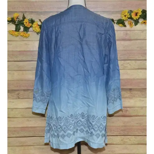 Chico's 1 Blue Ombre Open Front Chambray Shacket Jacket Size M 8 Pockets