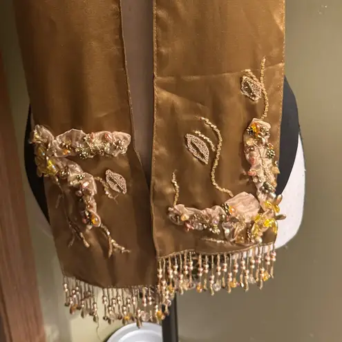 Embellished Gold Scarf with Beaded Fringe