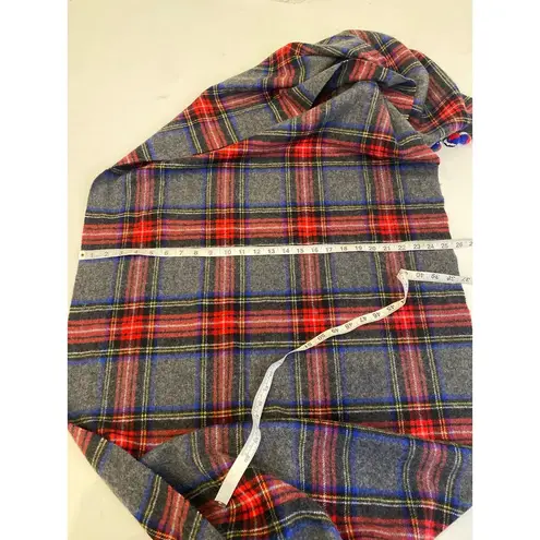 J. Crew Tartan Plaid Pom Pom Trim Holiday Scarf Gray Red Blue EUC OS Winter
