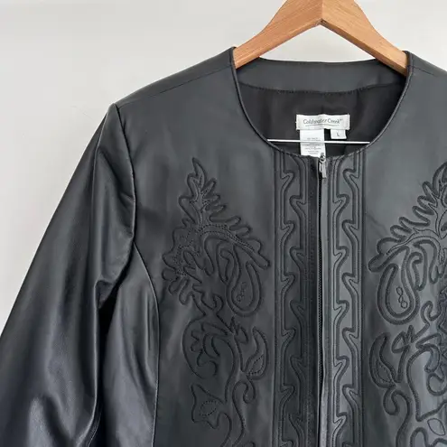 Vintage Leather Jacket Womens Large Embroidery Boho Chic Artsy Festival Vampire Black