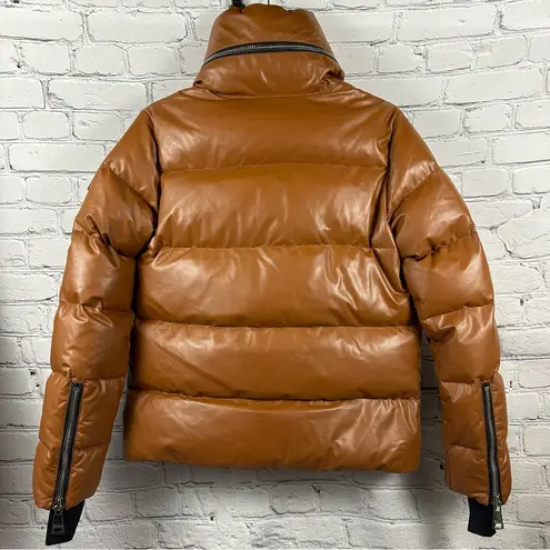 SAM. Isabel Vegan Down Puffer Jacket Faux Leather Stowaway Hood Saddle Brown S