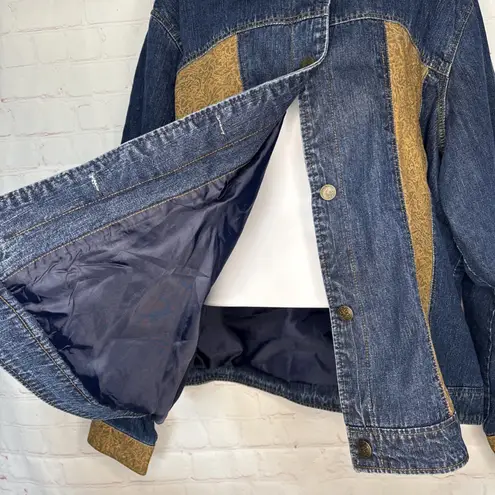 Coldwater Creek 3X Denim Jacket Blue Gold Paisley Faux Leather Trim Western Boho