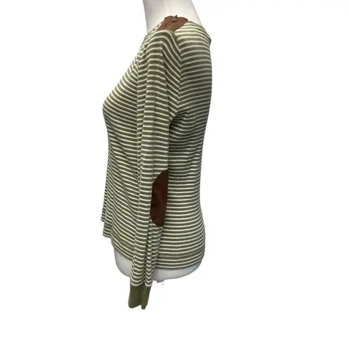 Lauren Ralph Lauren Green Cream Stripe Long Sleeve Tee Size M Faux Suede Patches Size M