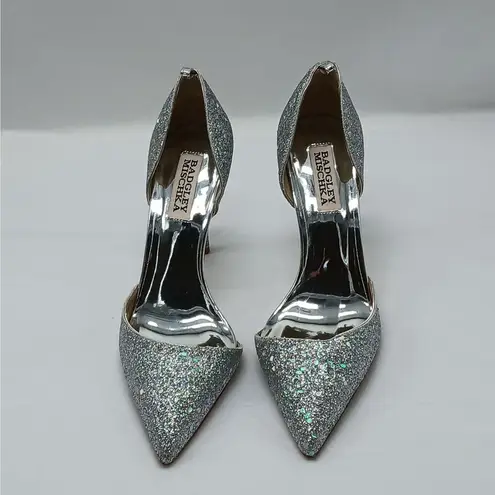 Badgley Mischka Glitter Stiletto Heel Pump Women 6.5 Silver D'Orsay Pointed Toe