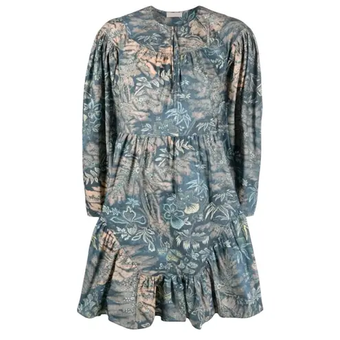 Ulla Johnson Leiko Dress Blue Floral Print Cotton Long Sleeve Mini 00 Boho