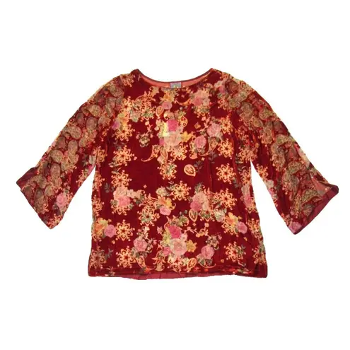 Johnny Was NWT Paisley Kimi Tunic in Red Floral Sheer Velvet Burnout Top S