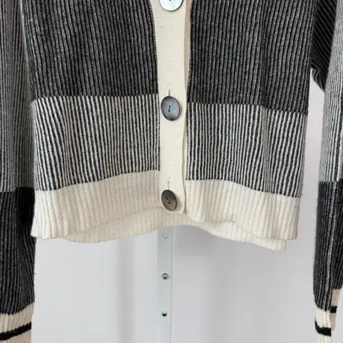 BRODIE Cashmere sz S Striped V Neck Button Up Cardigan Sweater Preppy Collegiate Tan