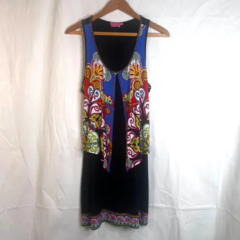 Joyous & Free Dress Sleeveless Beaded Patterned Attached Vest Size Medium Black