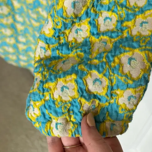 Voy Floral Printed Textured Puff Short Sleeve Top Blue and Yellow Medium