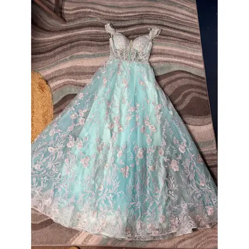 Morrell Maxie Size 4 Aqua White Floral Lace Off Shoulder Formal Gown Blue