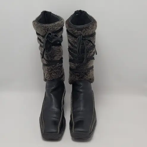 Jack & Lucky Womens Leather Fur Lace Up Back Zipper Low Wedge Tall Boots Size 39 Black