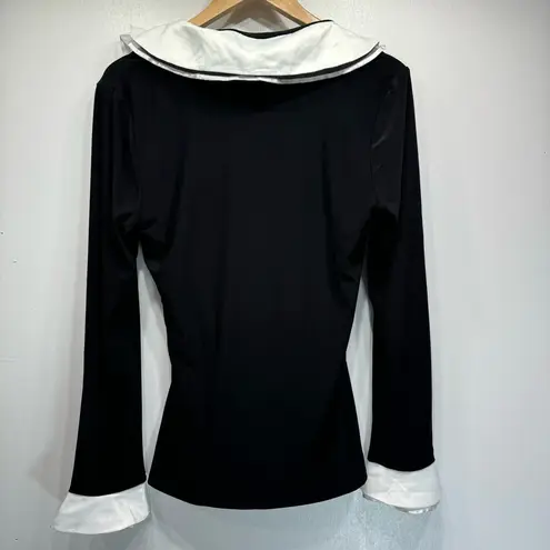 White House | Black Market  Black Wrap Blouse White Satin & Lace Collar & Cuffs M