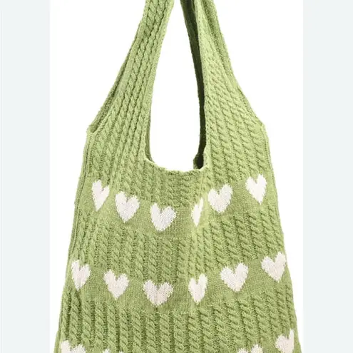 None Crochet Heart Tote Bag Green Shoulder Bag Cute Knit Purse Y2K Aesthetic Love