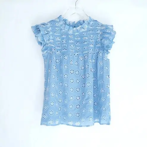 Sail To Sable  Eyelet Chambray Poplin Blue White Ruffle Neck Top Size S NWT