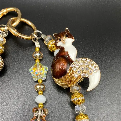Handmade 🦊 Brown Fox Bag Charm Chain, Phone Chain, Keychain Bling Crystal Beads, Gold