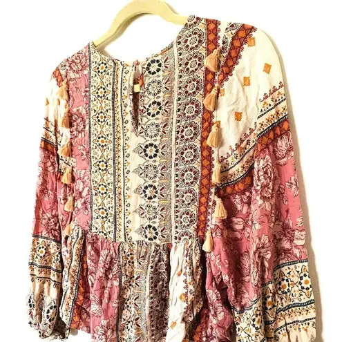 American Eagle Embroidered Balloon Sleeve Tassel Peasant Patchwork Peplum Top XS Pink