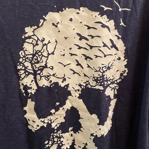 Human Skull Trees Birds Graphic Gothic Crewneck S/S Shirt Tee Women’s XL Blue