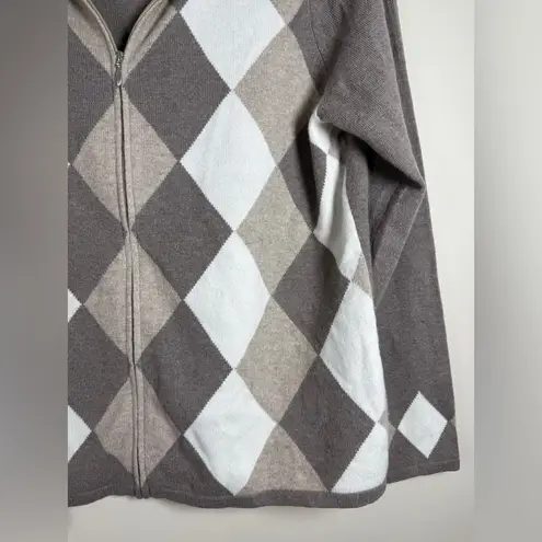 Charter Club Tan and Gray Argyle Cashmere Cardigan sz M Academia Preppy Light