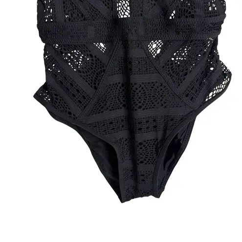 BECCA by Rebecca virtue Becca Color Play Plunge Black Lace Open Back One Piece Swimsuit Size Medium