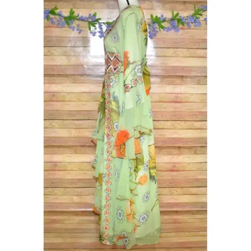 Sequin Hearts Middle East Arabian Green Floral Maxi Evening Dress Gown XL 1X Sequin Ruffles