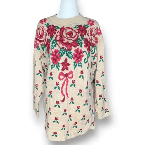 Vintage 90s Sweater Tan Burgundy Floral Bow Knit Design Scalloped Neck Coquette