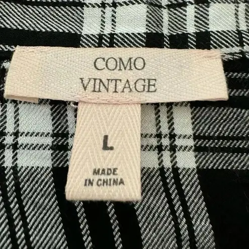 Como vintage Tunic Top Black White Button Down Baby Doll Long Sleeve SZ L #2275