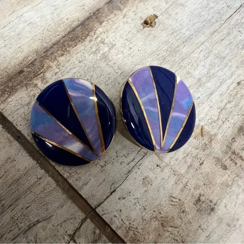 Vintage Purple Navy Gold Round Statement Earrings 80s Geometric Jewelry Blue