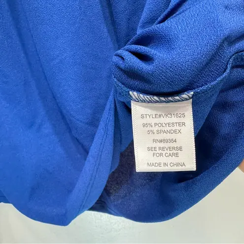 Adrienne Vittadini Blue Blouse Black Trim Short Sleeves Silver Logo Detail