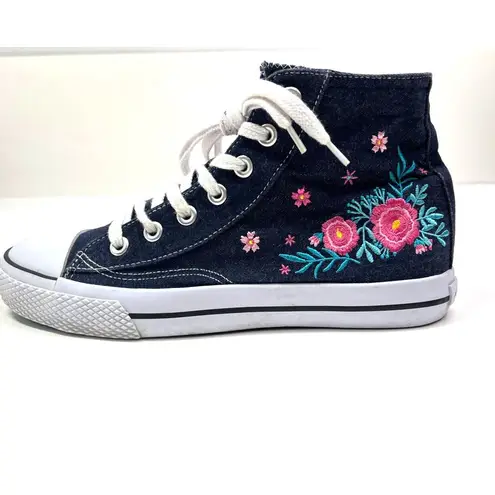 Airwalk Sneaker Womens 10 Navy Denim Embroidered Flowers Lace Up High Top Shoes