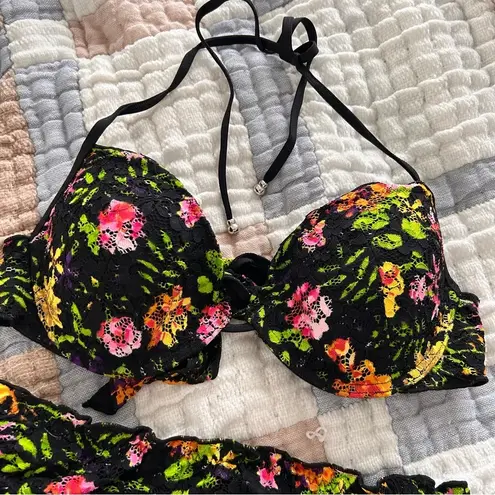None Vtg black floral tropical colorful bright push up top lettuce trim bikini set