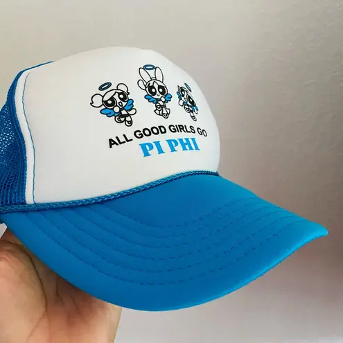 VTG 90s y2k blue trucker hat sorority power puff girls pi phi one size adjust