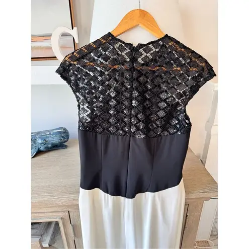 Mikael Aghal Elegant Black & White Satin Dress Crochet Embellished Top Size 8