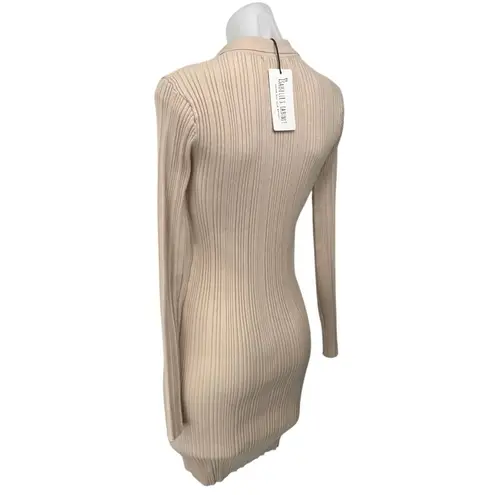 Et Clet NEW Tan Rib Knit Long Sleeve Button Down Mini Shirt Sweater Dress Size M